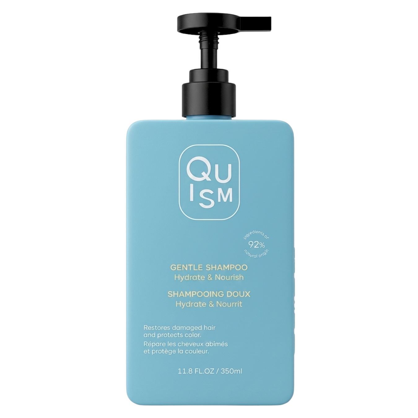 Blue shampoo bottle with pump labeled 'Quism'