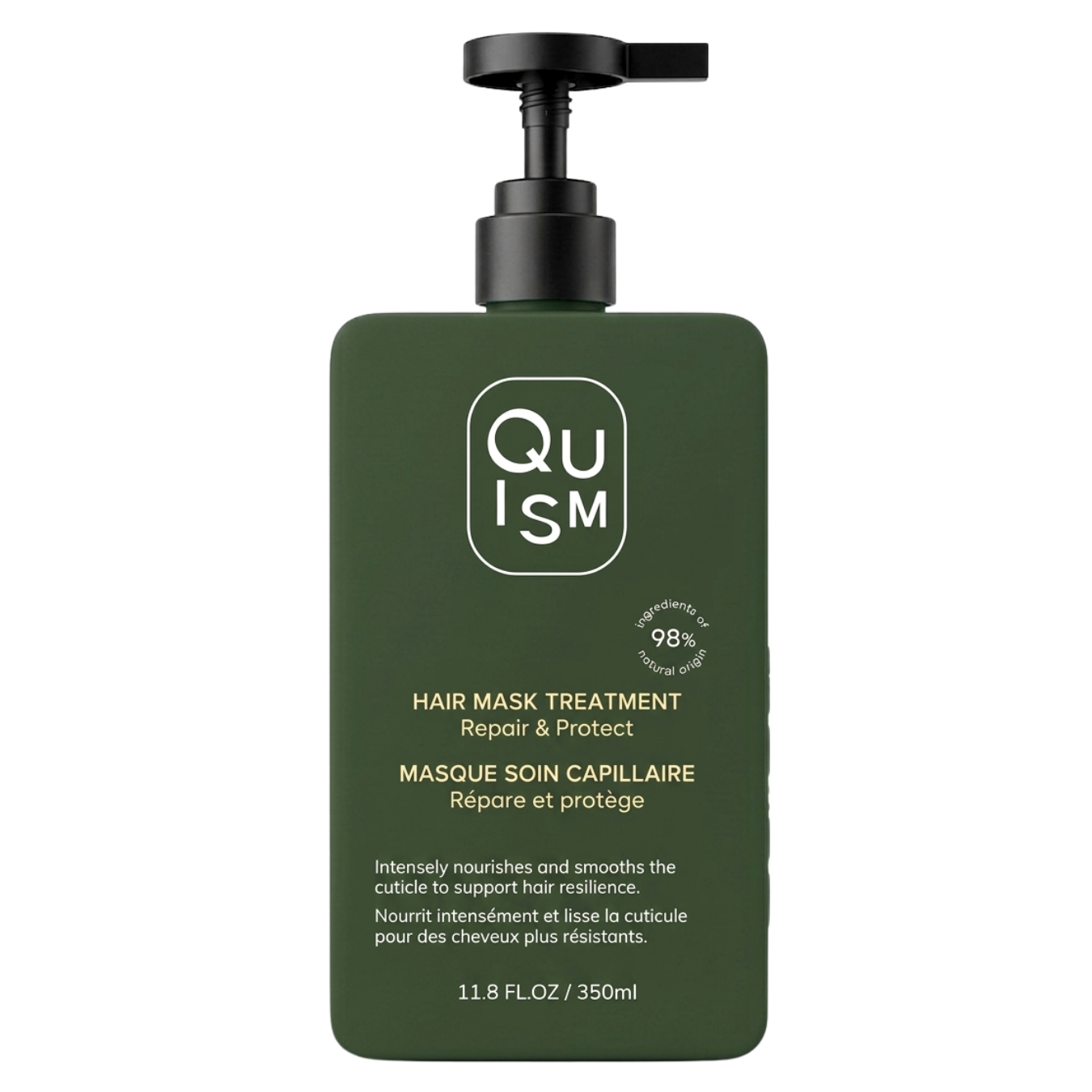 Green hair mask treatment bottle with pump labeled 'Quism'