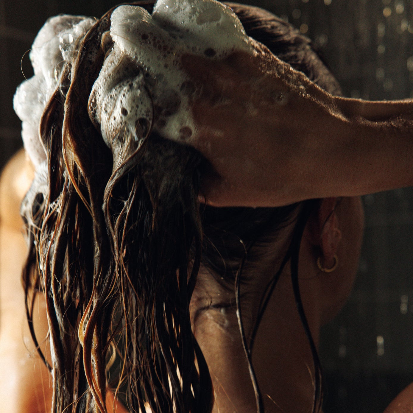 Person washing hair with soapy water, close-up of wet hair and hands.